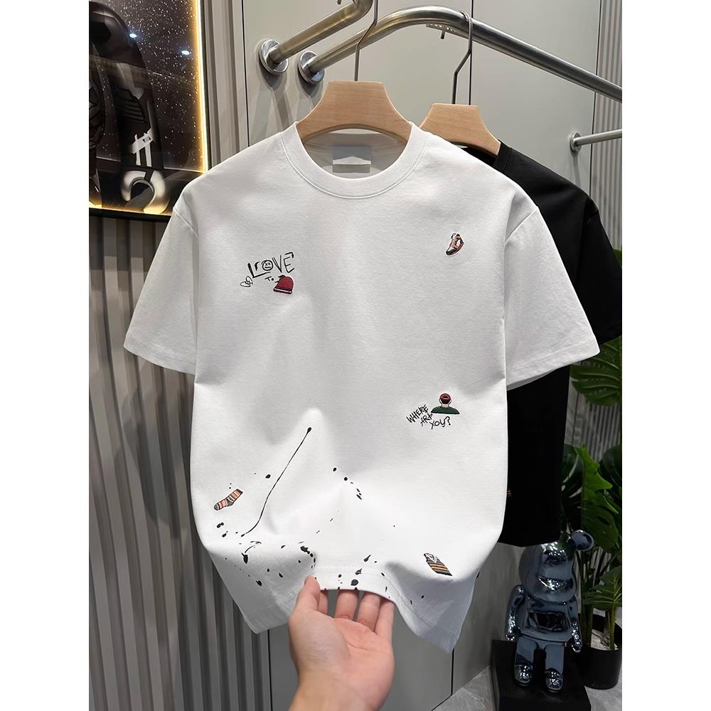 家日报~绣花短袖2025夏季男士新款休闲时尚细圆领t恤男士潮流