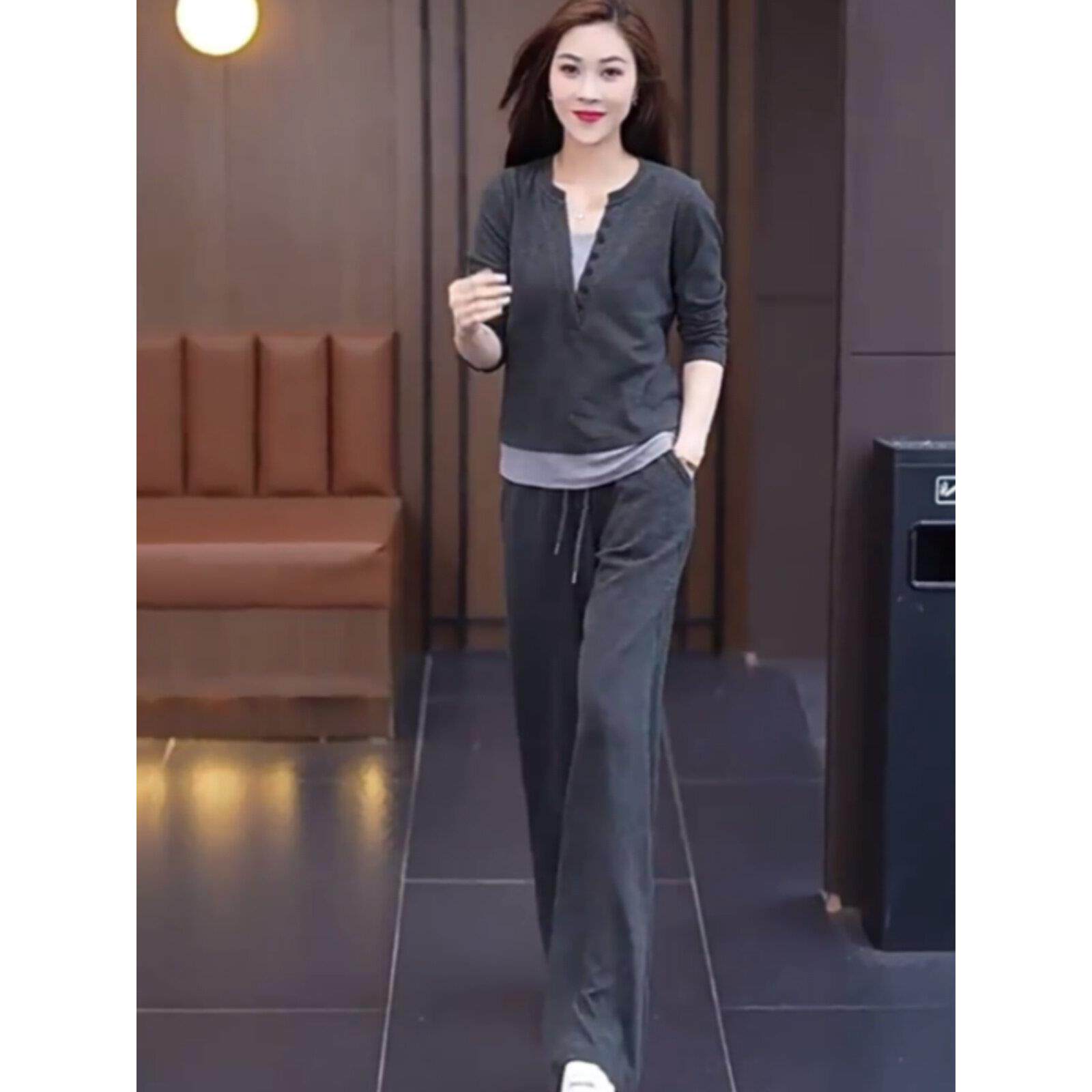 休闲运动服套装女2025秋季新款时尚穿搭显瘦长袖上衣阔腿裤两件套