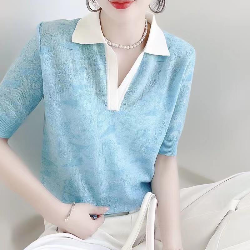 冰丝短袖t恤女夏季2025年新款高级感修身显瘦时尚polo领针织上衣