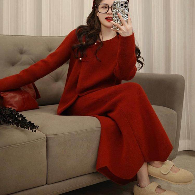 欧洲站新中式国风套装裙2025秋冬季温柔风新年战 袍红色针织两件