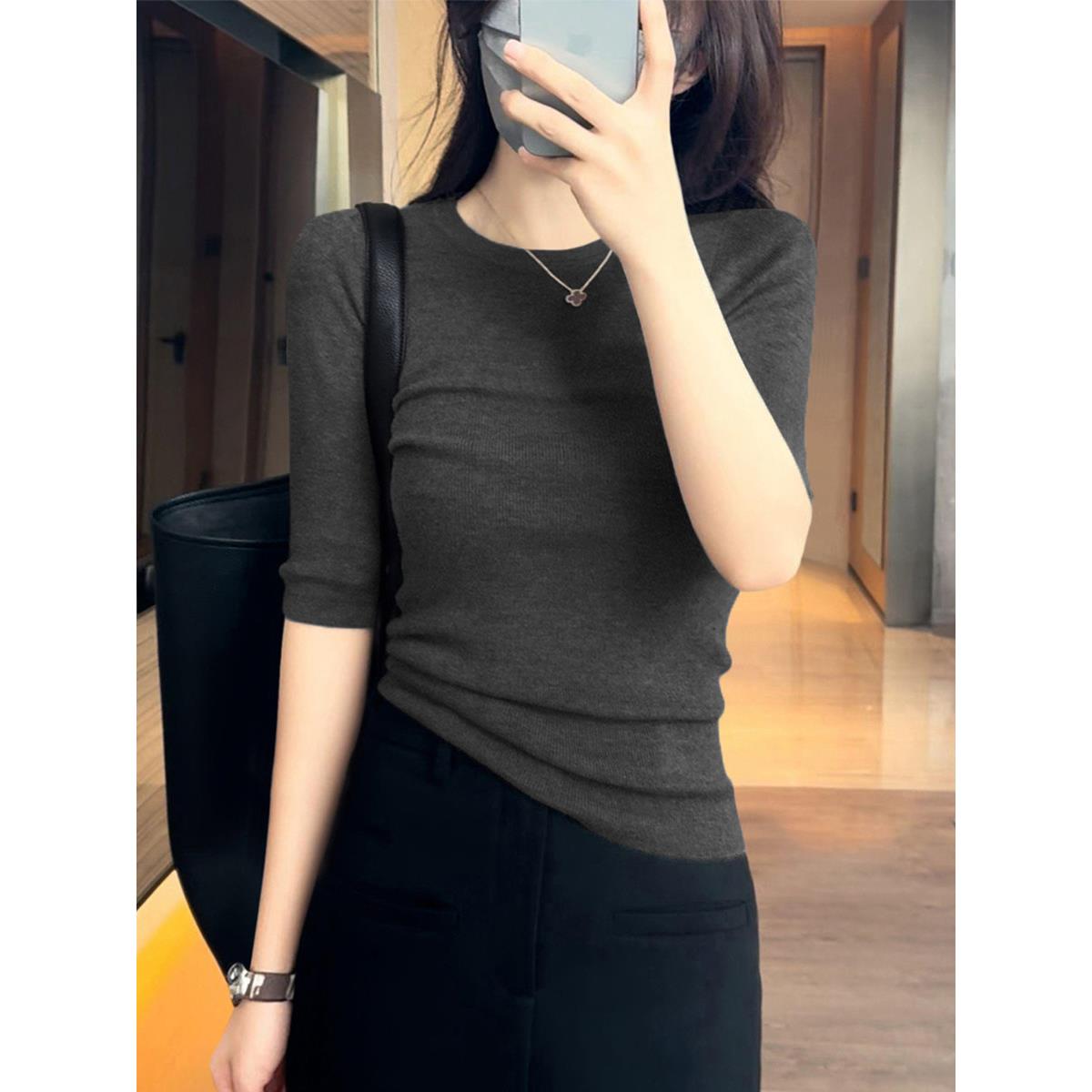 CLAUDIE HOME圆领短袖女薄夏季修身五分袖气质百搭春秋针织打底衫