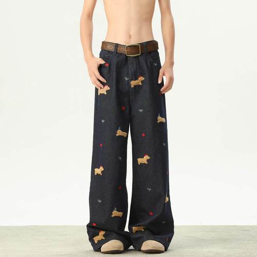 コーデロイの潮牌小狗刺绣牛仔裤男秋季腊肠狗高街痞帅直筒休闲裤