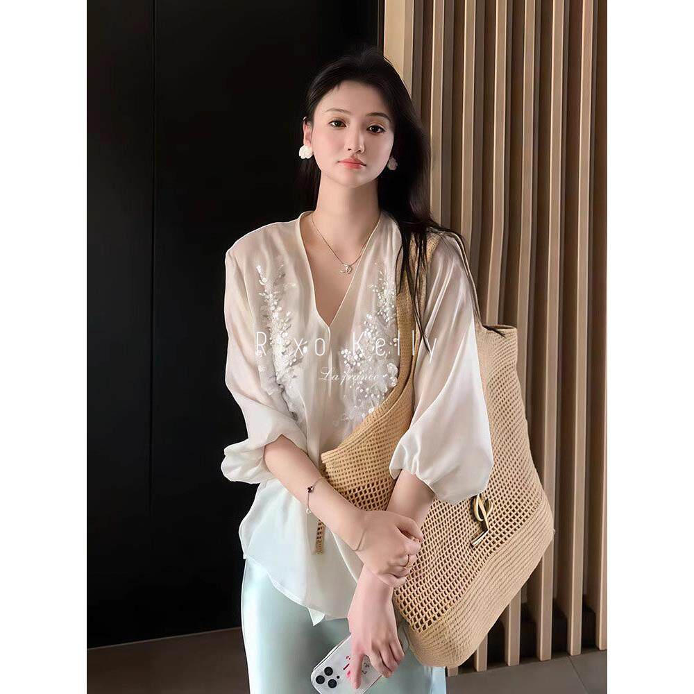 Rixo Kelly气质v领珠片绣花中袖防晒衬衫外搭薄款宽松设计感上衣
