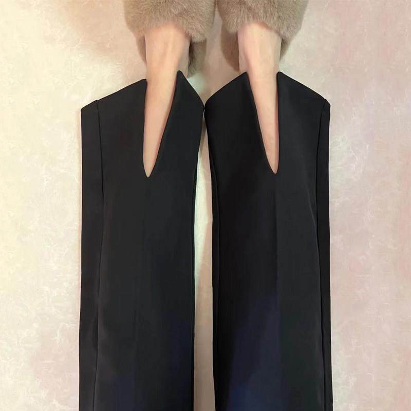 韩国开叉西装裤女春秋新款高腰垂感秋冬黑色显瘦宽松直筒阔腿裤子