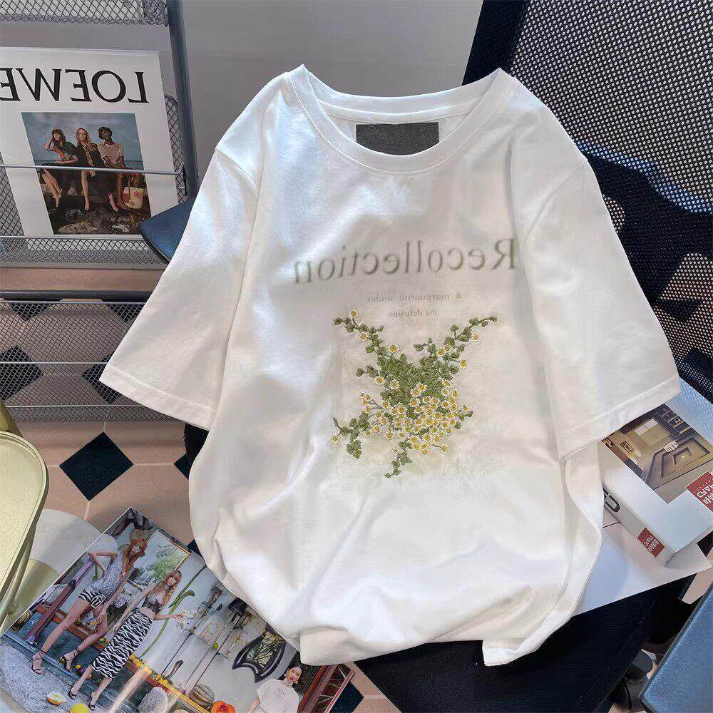 英国DGKP白色港风花朵短袖T恤女夏法式复古别致漂亮正肩纯棉上衣