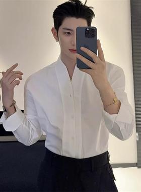 韩国CHIPOTLE法式V领垫肩长袖衬衫男2025秋季雅痞风修身无领衬衣
