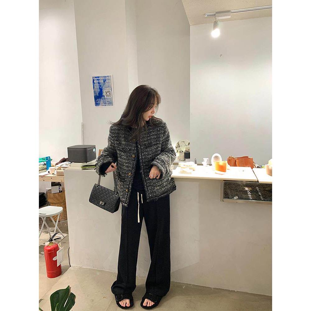 WFYO/黑灰色小香风毛呢外套女2025秋显瘦气质编织羊毛粗花呢上衣