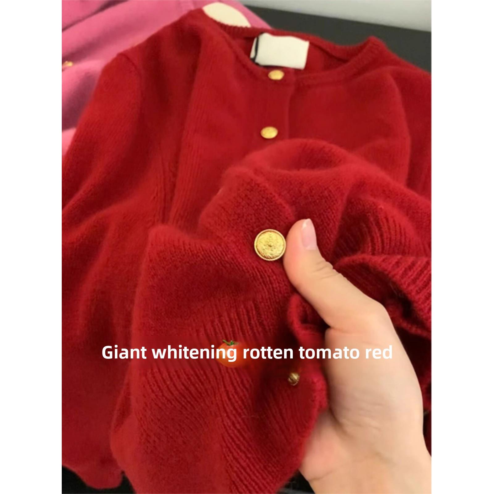 法国Rouje tusse过年红色羊绒针织开衫女秋羊毛毛衣外套内搭上衣