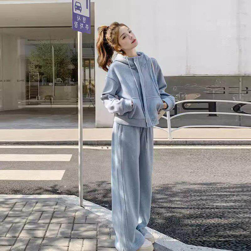 法国Rouje Moaks蓝色连帽卫衣套装女2025春秋小个子阔腿裤两件套