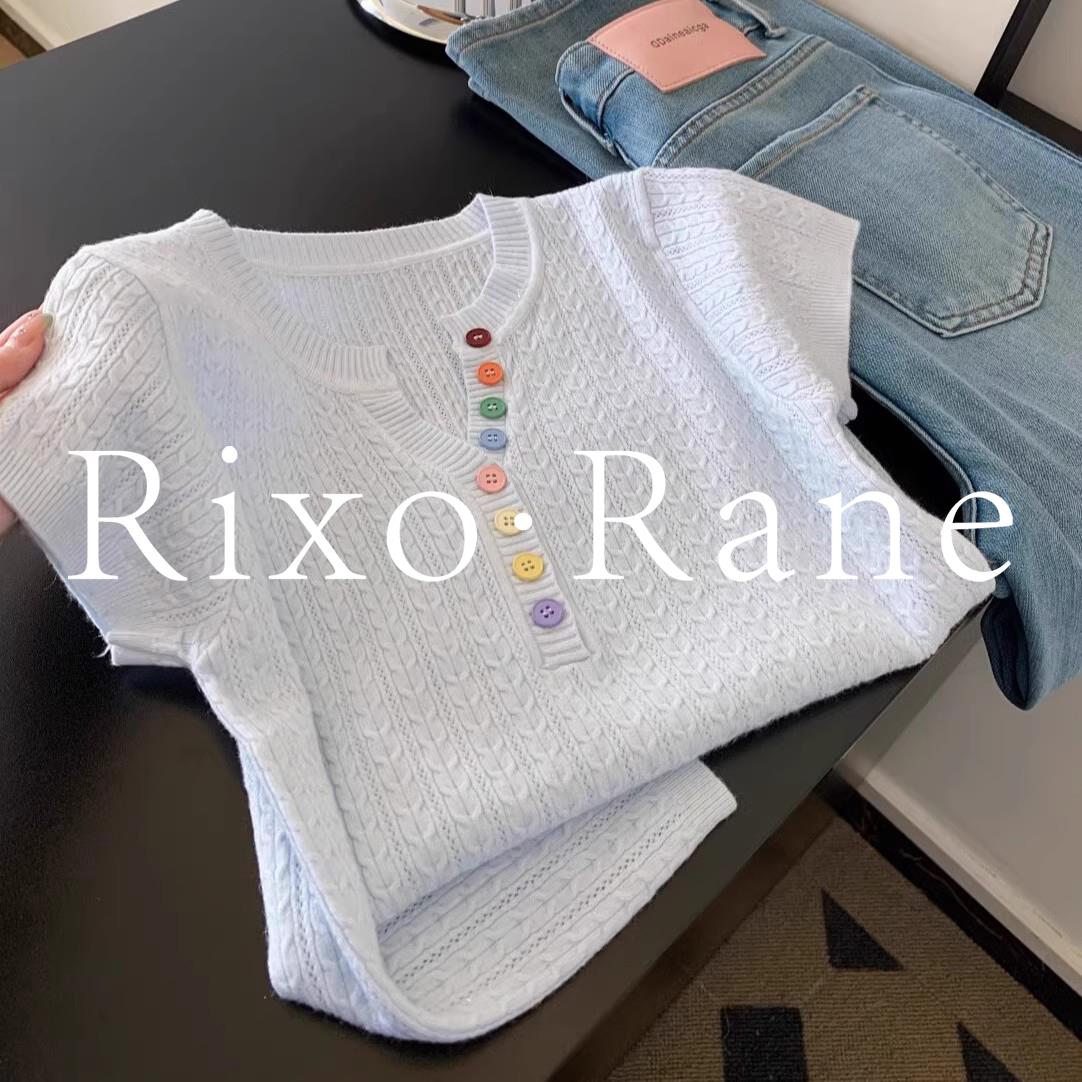 法国Rixo Rane多巴胺蓝色正肩短袖t恤女夏日ootd穿搭独特针织上衣