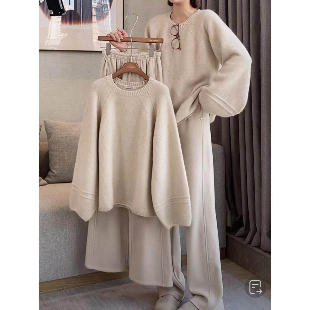 韩国大码女遮肚针织衫2025春秋新款微胖妹妹mm宽松阔腿裤两件套装