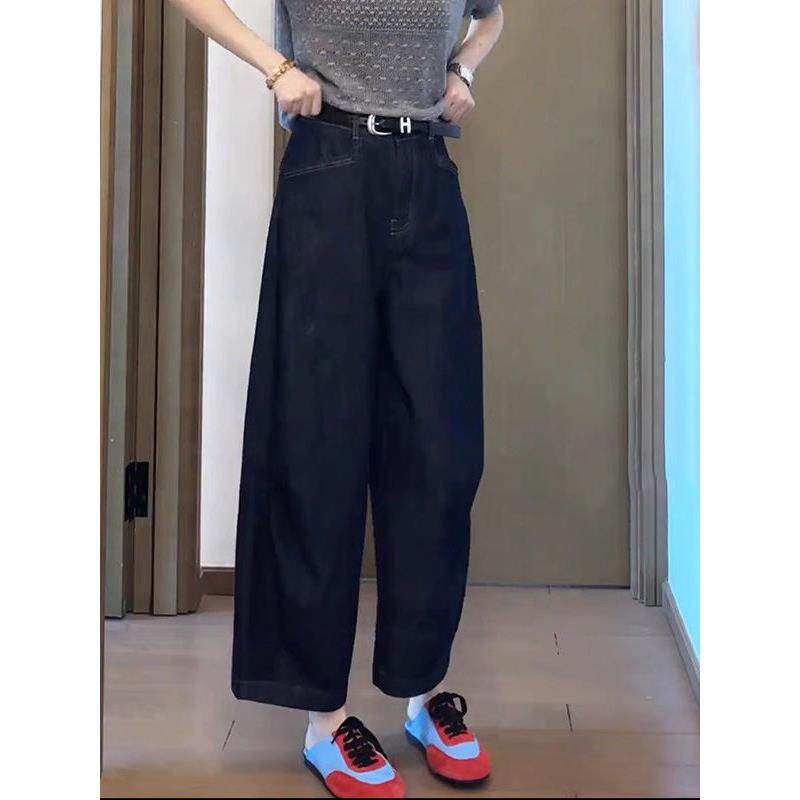 深蓝色九分弯刀牛仔裤女春秋新款高腰梨型身材小个子直筒阔腿裤
