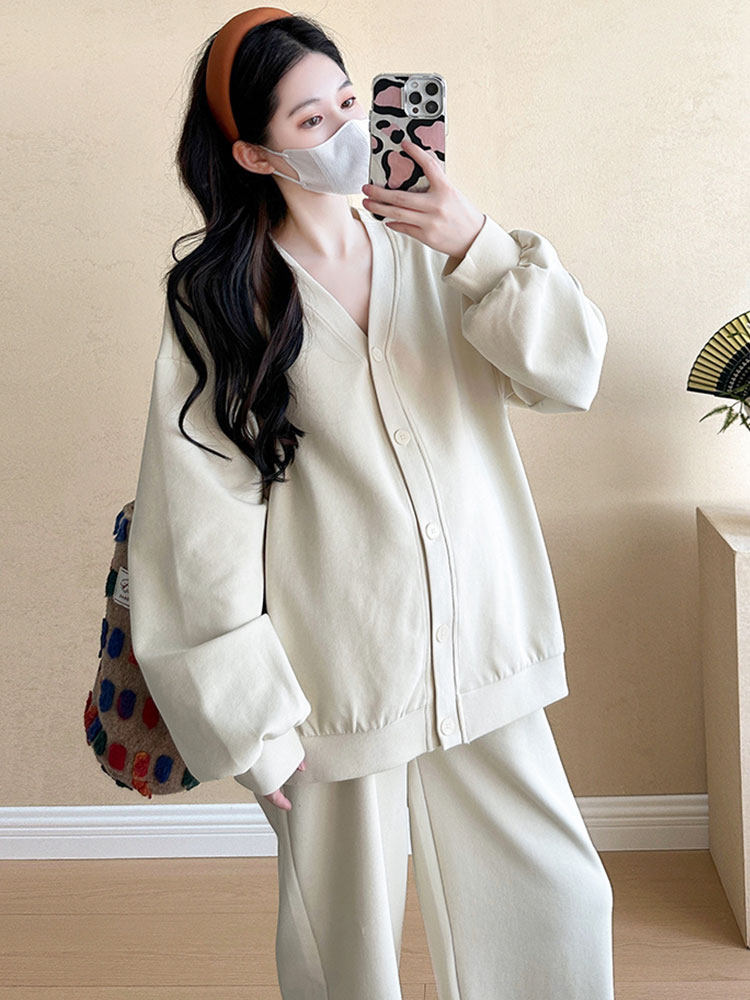 임산부 가을 양복은 패셔너블하고 패셔너블하며 루즈하고 캐주얼하며 회색 코트 가을 겨울 투피스 상하 세트 고급형입니다