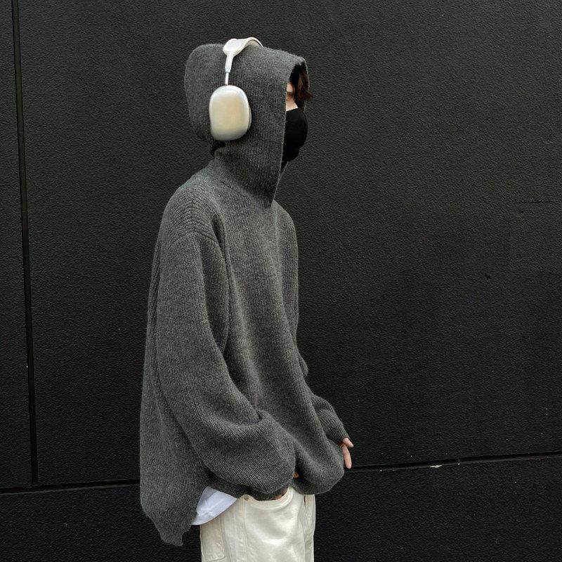 コーデロイの潮牌连帽毛衣男秋冬季慵懒风针织衫外套高级感毛线衣