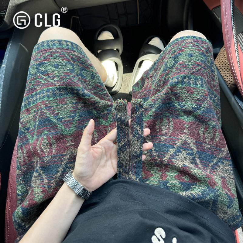 香港CLG潮牌针织脏脏风短裤男夏季民族风印花过膝五分裤休闲痞帅