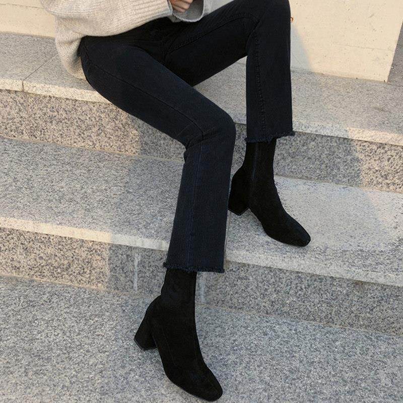 黑色九分牛仔裤女士春秋小个子显高微喇叭修身加绒高腰直筒烟管裤