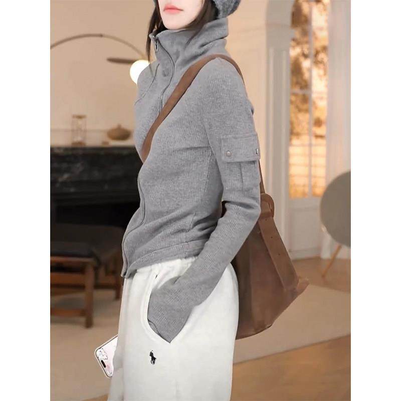 2025春秋新款连帽针织开衫女休闲复古高领毛衣双拉链灰色帽衫外套