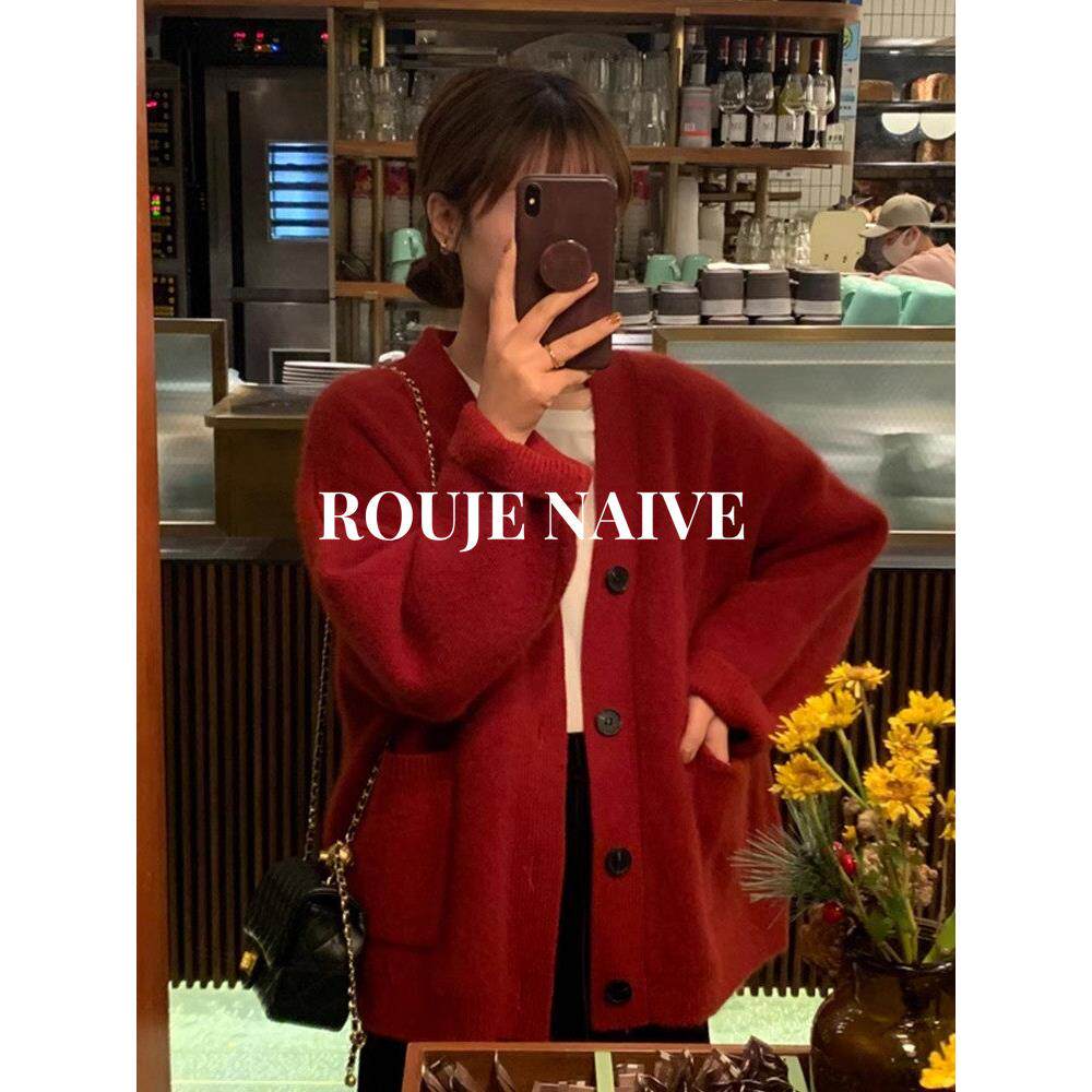 ROUJE NAIVE新年红色软糯水貂绒v领针织开衫女春秋高级感毛衣外套