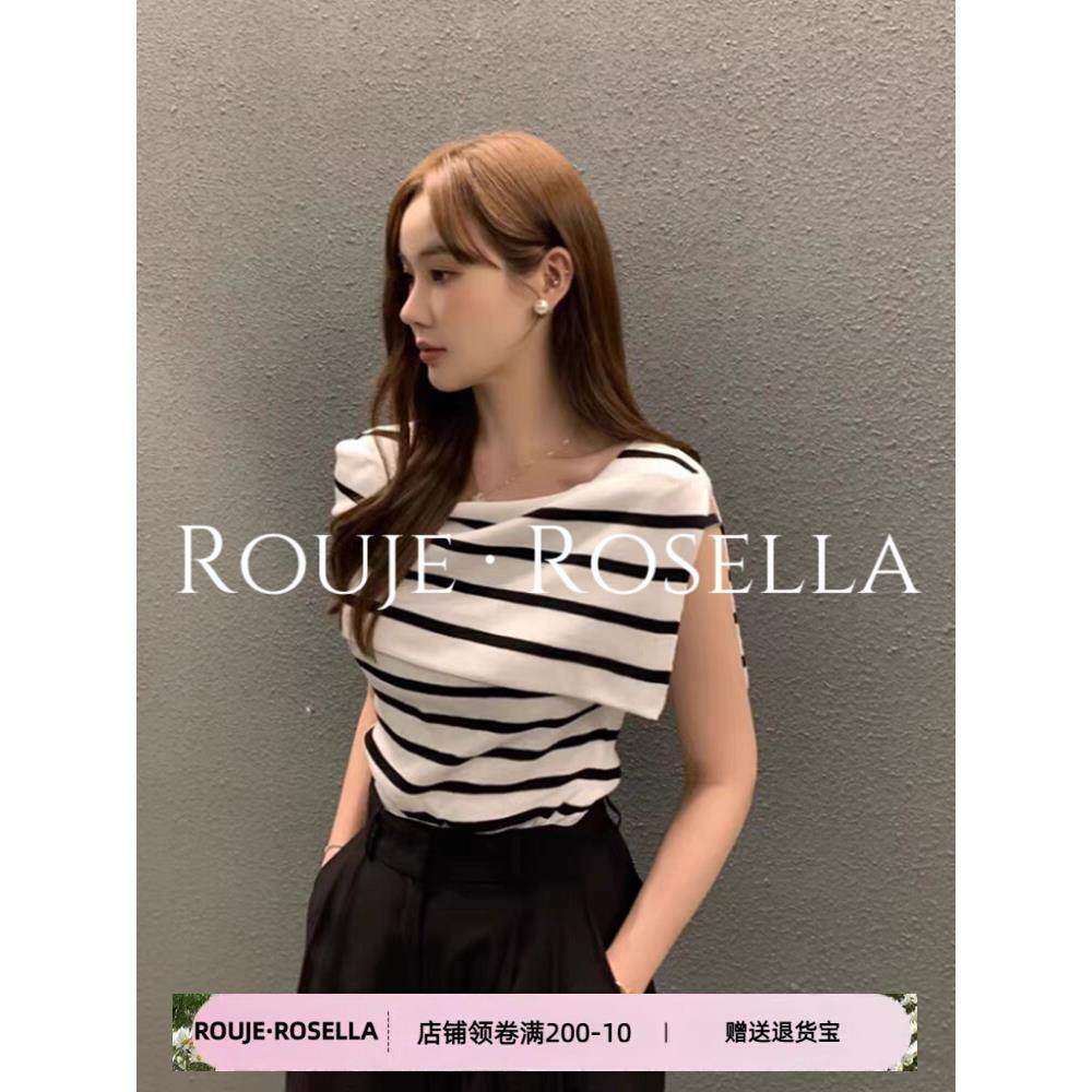 法国Rouje Rosella⭐时尚减龄法式复古一字肩短袖T恤气质大翻领女