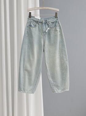 Rouje Tusse夏季女装宽松8分牛仔裤，浅色怀旧老爹裤，修身多功能