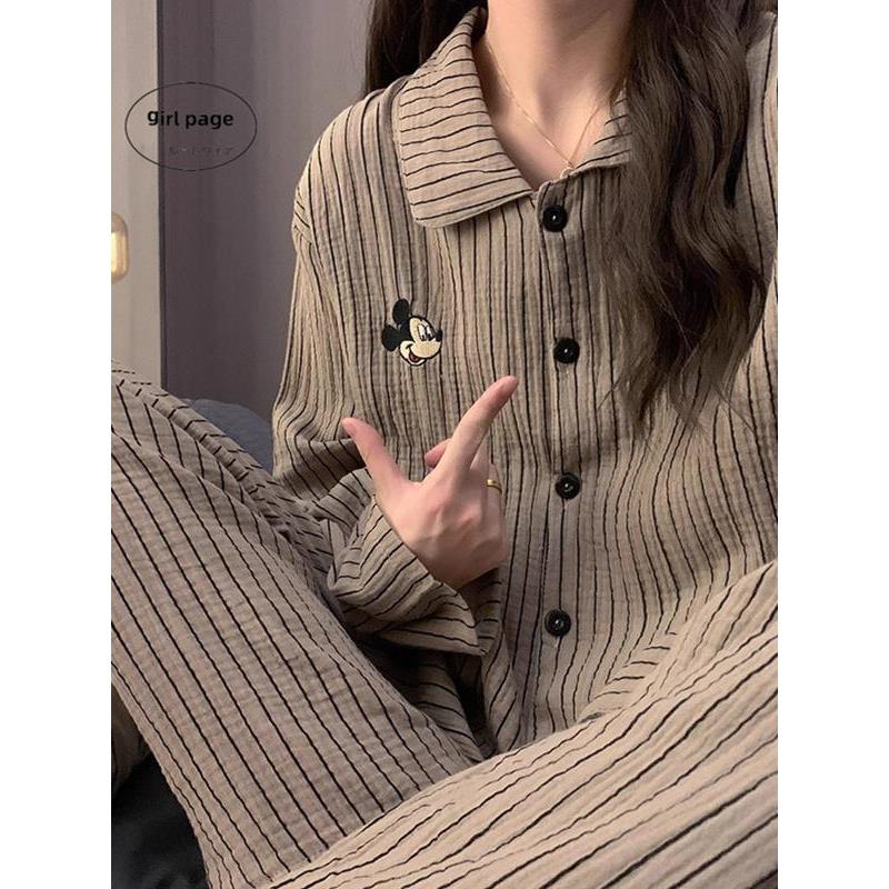 日系GP纯棉睡衣女春秋季款休闲米奇条纹长袖长裤可外穿家居服套装