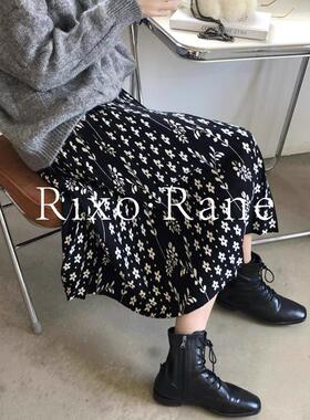 法国Rixo Rane颜值敲赞⭐黑色碎花a字百褶伞裙高腰显瘦半身裙子女