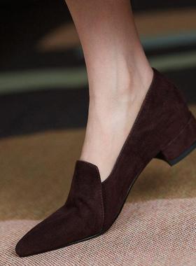 A.D Hepburn~尖头深口单鞋女绒面平底乐福鞋低跟工作鞋职业高跟鞋