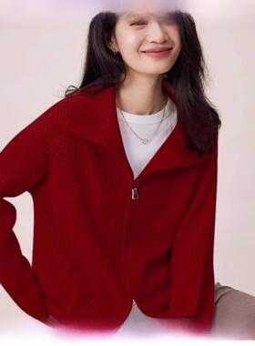Rouje tusse红色羊绒双拉炼翻领毛衣外套女秋冬高领羊毛针织开衫