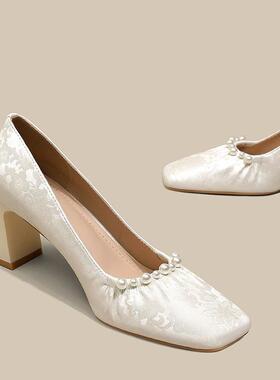 Cozyroom中式国风珍珠粗跟玛丽珍单鞋女配旗袍百搭方头浅口高跟鞋