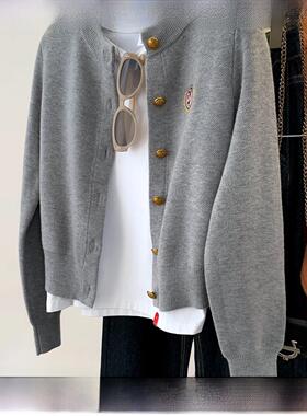 Rouje tusse灰色短款羊毛针织开衫女秋冬软糯慵懒羊绒毛衣外套潮