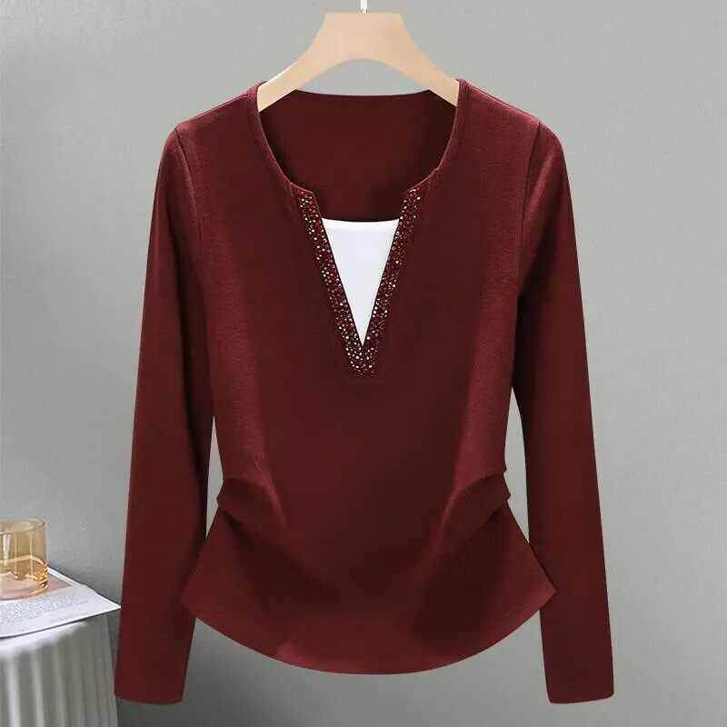 2025春秋新款中年妈妈假两件薄款修身短款时尚洋气收腰长袖上衣女