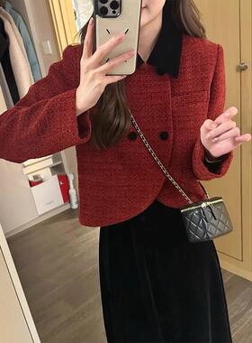 欧站秋装新款小香套装裙时尚百搭红色短外套丝绒裙两件套