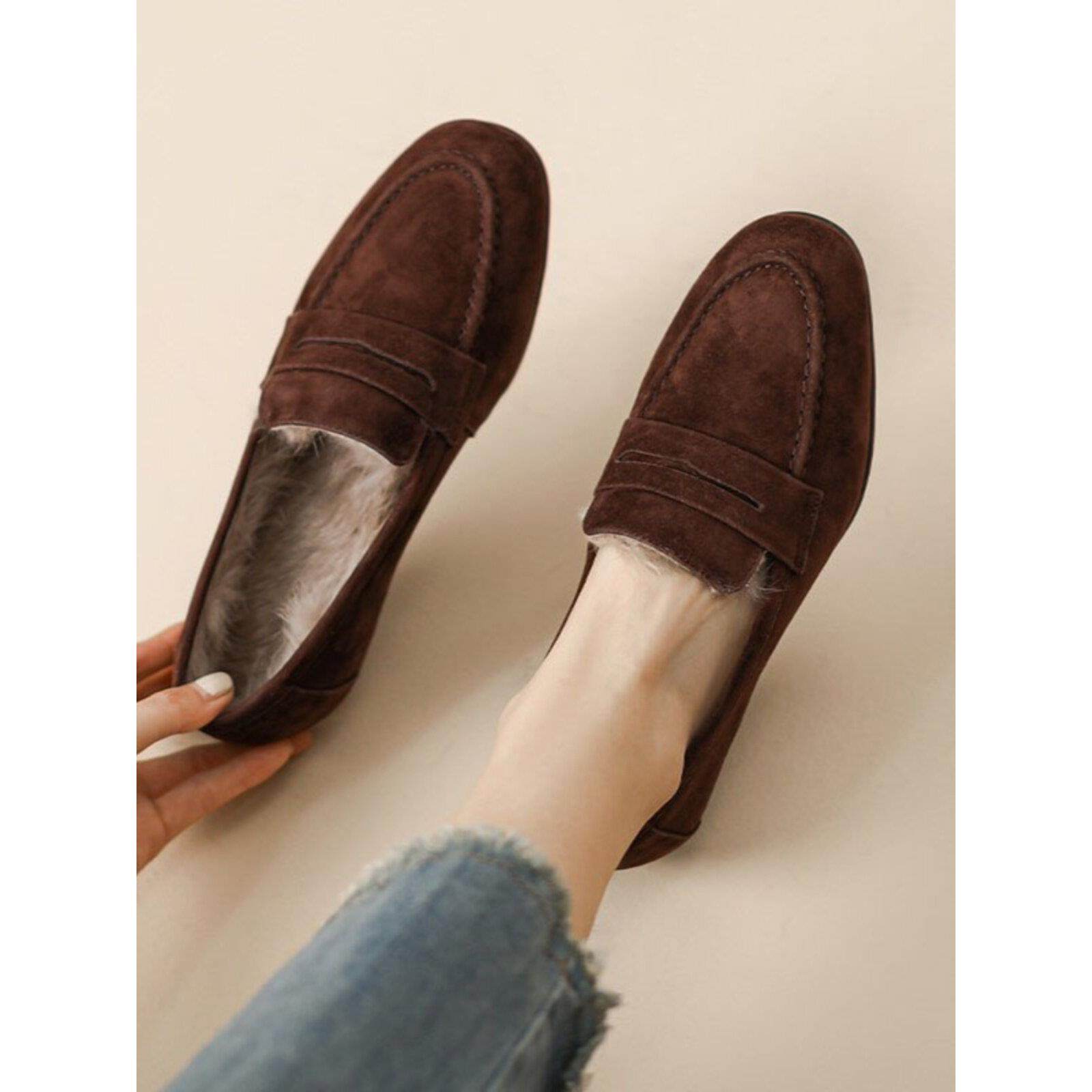 新款强推！巨好穿~ 磨砂羊皮兔毛加绒乐福鞋女冬毛毛棉鞋平底单鞋,服饰配件/皮带/帽子/围巾,鞋撑,淘宝优惠券,粉丝福利购,淘宝优惠卷