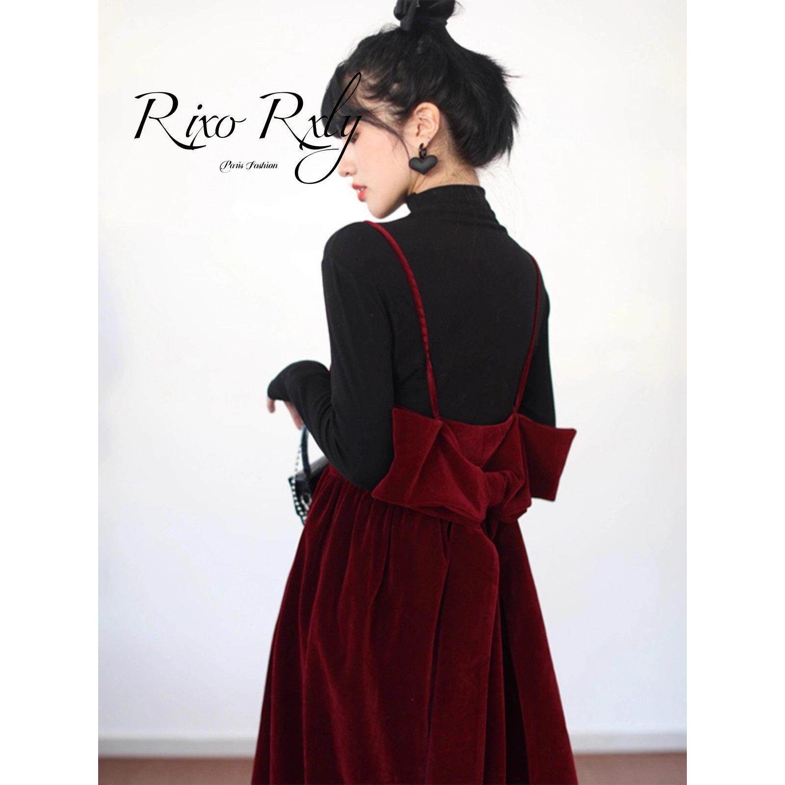 RIXO RXLY春秋丝绒连衣裙女秋冬季法式红色小礼服吊带裙两件套装