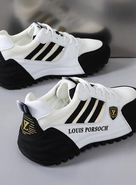 男鞋春季透气2025新款真皮防臭运动鞋内增高小白鞋软底休闲老爹鞋