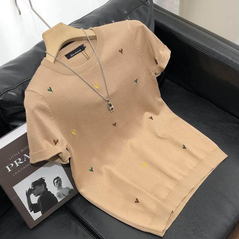 2025春夏潮牌针织短袖男半袖毛衣刺绣青年潮流冰丝打底衫休闲上衣