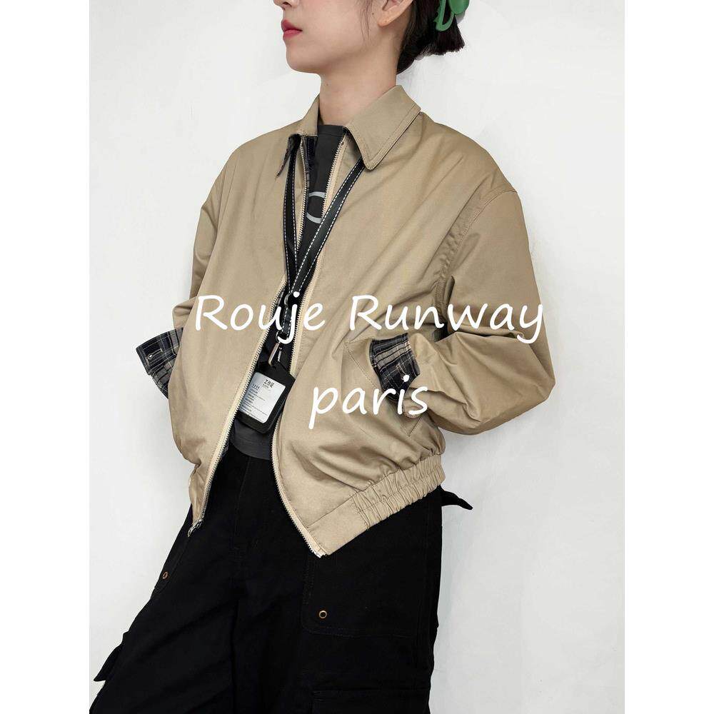 Rouje Runway浅卡其翻领外套女春秋新款格纹拼接夹克开衫短款上衣