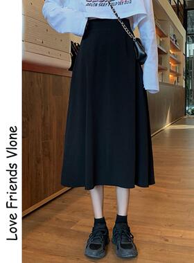 日系黑色半身裙女春秋2025新款高腰小个子雪纺A字伞裙中长款裙子
