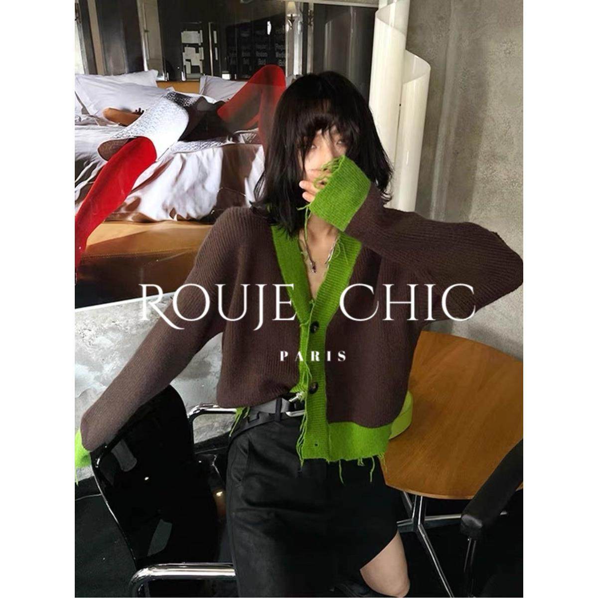 法国Rouje Chic法式高级感撞色V领针织开衫女秋冬季短款毛衣外套