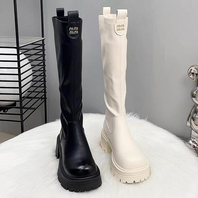 香港真皮白色长筒靴女秋冬2025新款爆款靴子加绒厚底增高筒骑士靴