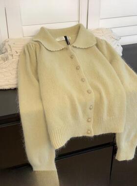 法国Rouje tusse红色娃娃领短款羊毛针织开衫女冬季羊绒毛衣外套