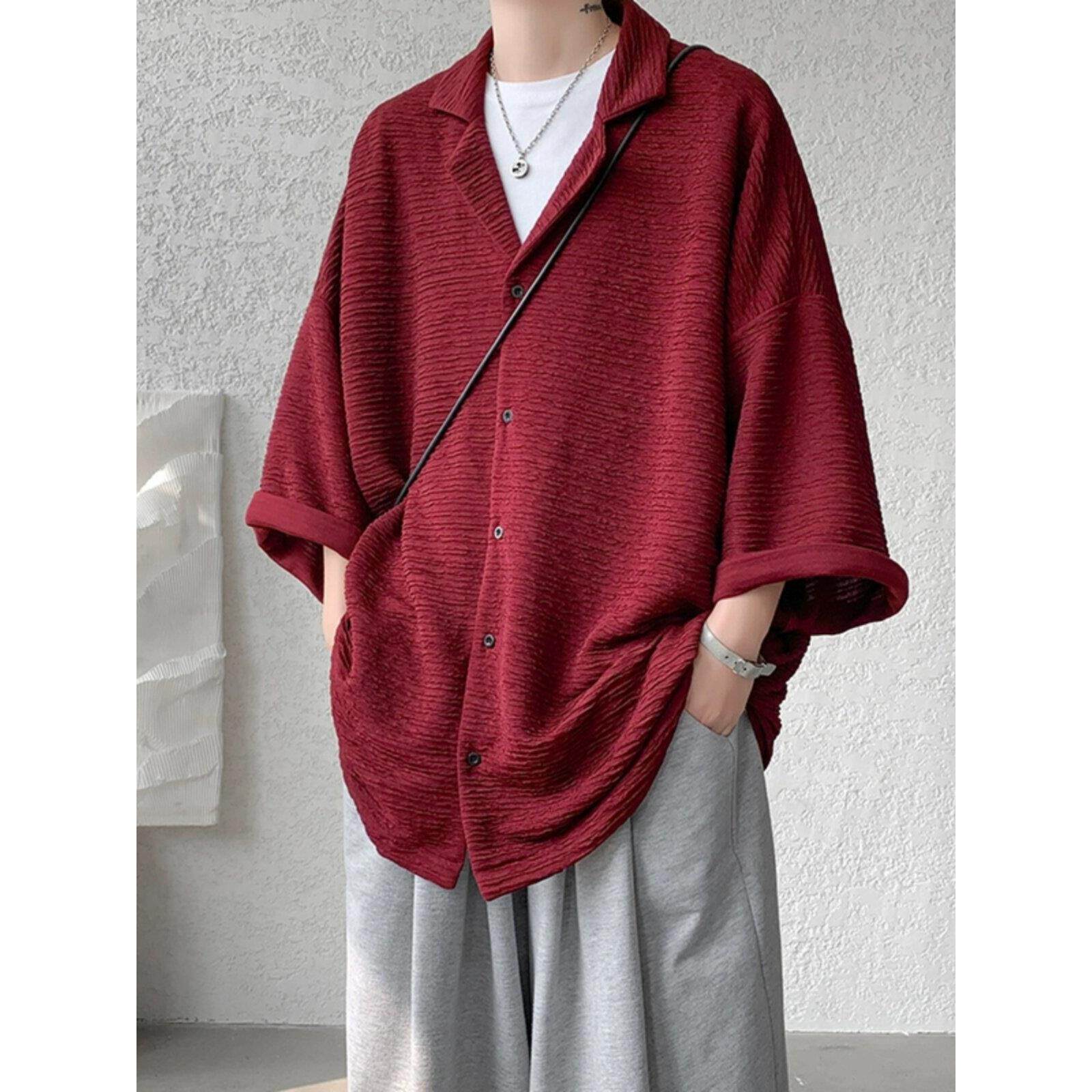 コーデュロイの潮牌衬衫男痞帅高级感七分袖衬衣夏季薄款冰丝外套