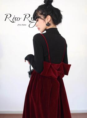 RIXO RXLY春秋丝绒连衣裙女秋冬季法式红色小礼服吊带裙两件套装
