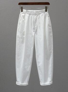 法国Rouje tusse老爹裤女秋季松紧腰宽松显瘦休闲裤白色9分哈伦裤