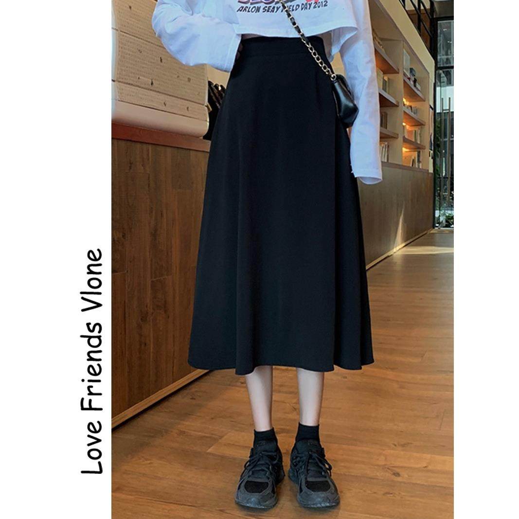 日系黑色半身裙女春秋2025新款高腰小个子雪纺A字伞裙中长款裙子