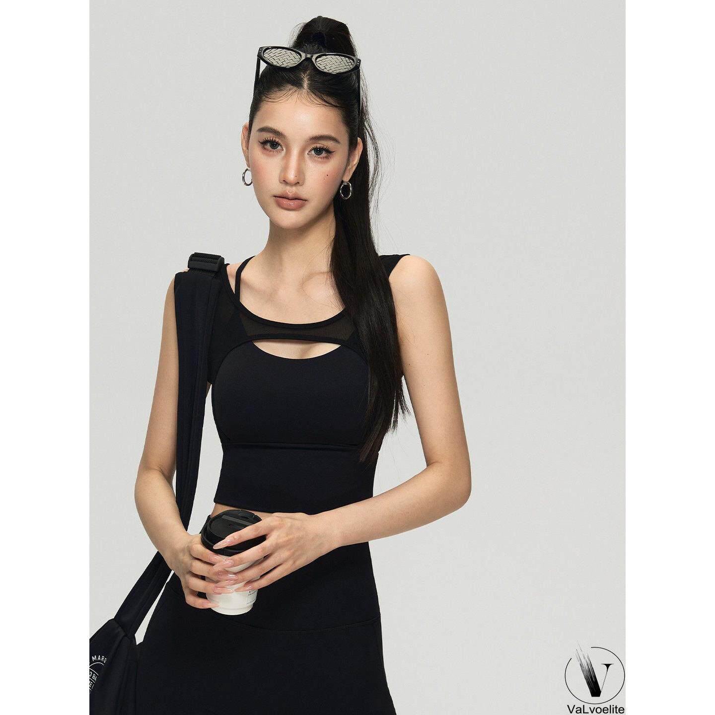 VALVOELITE带胸垫运动背心女假两件瑜伽服内衣普拉提美背健身上衣