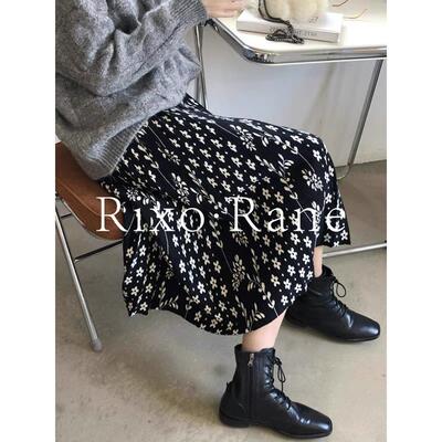 法国Rixo Rane颜值敲赞⭐黑色碎花a字百褶伞裙高腰显瘦半身裙子女