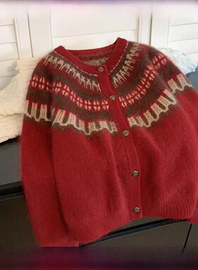 Rouje Tusse新年红色羊绒衫外套女式秋冬动物年羊毛内针织开衫