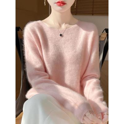 氛围感软糯100%纯羊毛衫女轻奢圆领拉绒毛衣宽松大码羊绒针织打底
