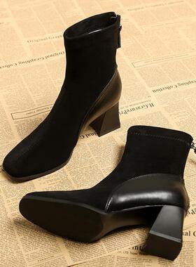 A.D Hepburn~高跟马丁靴女2024新款方头后拉炼 炼 粗跟小短靴冬季